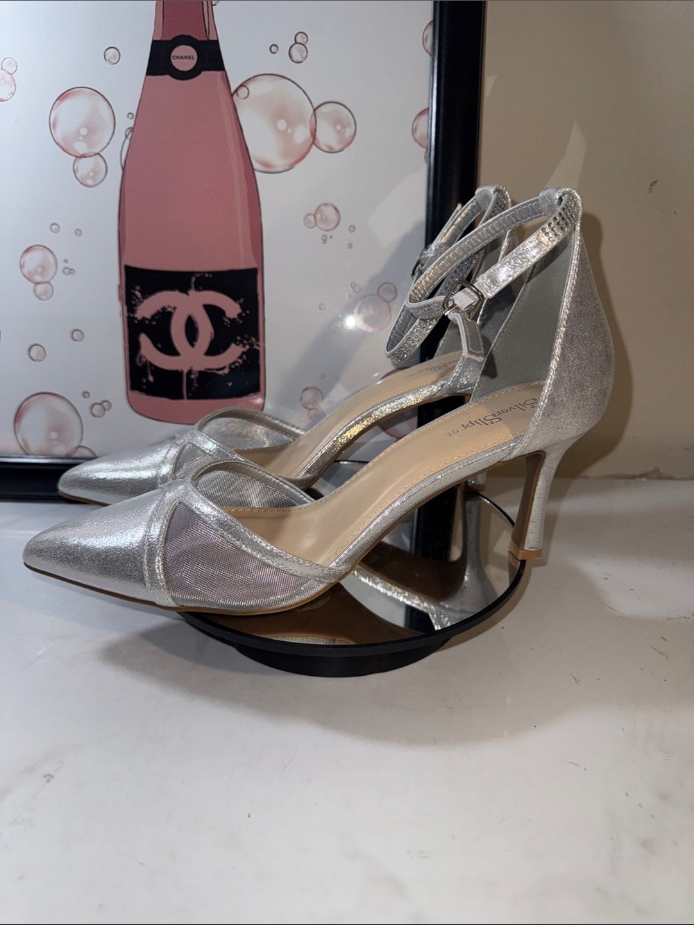 New Silver Slipper Ella Silver Pointed-Toe Ankle-Strap Mid Heels - US Size 9.5M